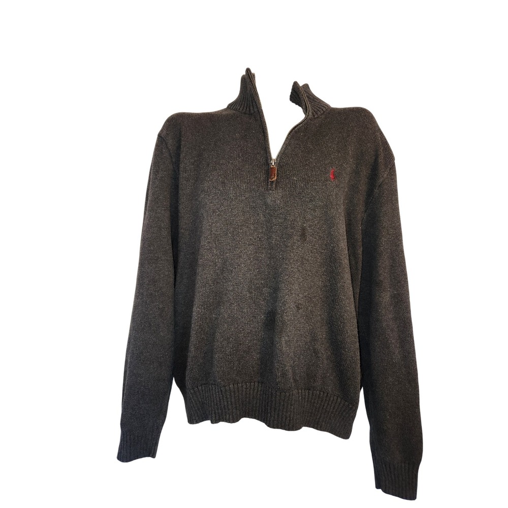 Polo Ralph Lauren Mens XL Charcoal Grey 100% Cotton Quarter Zip Sweater Red Pony